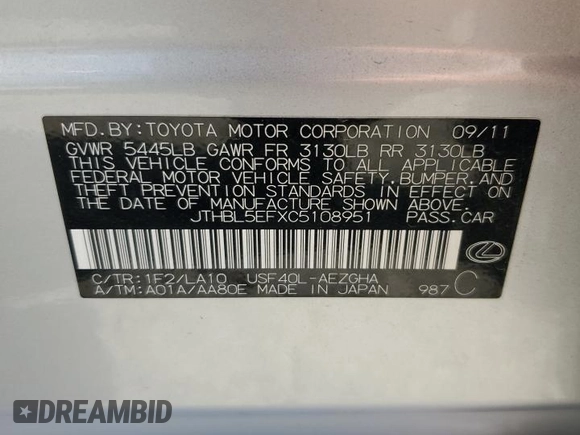 2012 Lexus LS 460 with VIN JTHBL5EFXC5108951, listed as a Copart auction lot 57759625 with 106,835 mi miles and Salvage title. Bid and sale history available at DreamBid. Image 12.