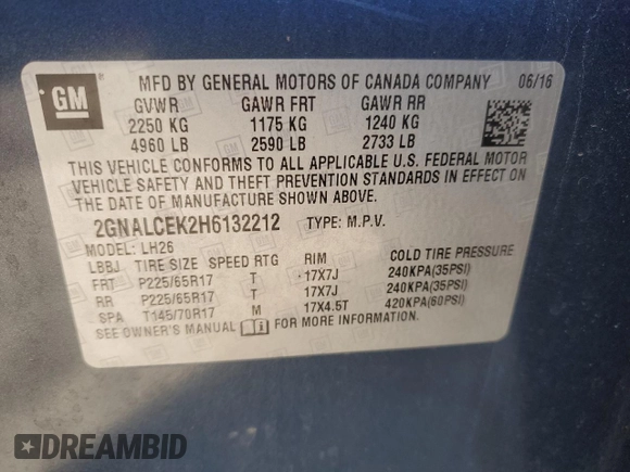 2017 Chevrolet Equinox LT with VIN 2GNALCEK2H6132212, listed as a Copart auction lot 50062105 with 54,660 mi miles and Salvage Title. Bid and sale history available at carsss.com. Image 13.