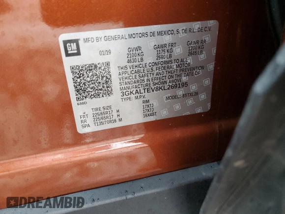 2019 GMC Terrain SLE with VIN 3GKALTEV8KL269195, listed as a Copart auction lot 80860944 with 65,279 mi miles and Salvage Title. Bid and sale history available at DreamBid. Image 13.