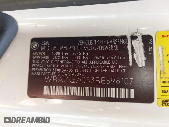 2011 BMW 3 Series 335i with VIN WBAKG7C53BE598107, listed as a IAAI auction lot 42498533 with 129,784 mi miles and . Bid and sale history available at DreamBid. Image 9.