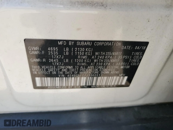 2018 Subaru Outback Premium with VIN 4S4BSAFC7J3360517, listed as a Copart auction lot 60252105 with 77,137 mi miles and Salvage title. Bid and sale history available at DreamBid. Image 13.