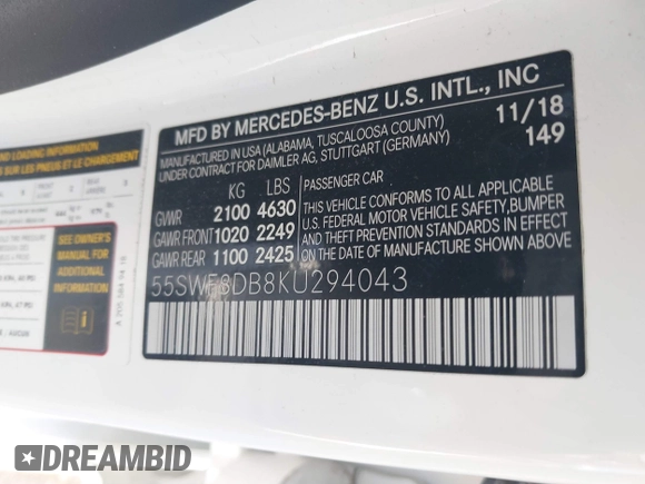2019 Mercedes-Benz C 300 with VIN 55SWF8DB8KU294043, listed as a IAAI auction lot 41681040 with Not Provided miles and . Bid and sale history available at DreamBid. Image 9.