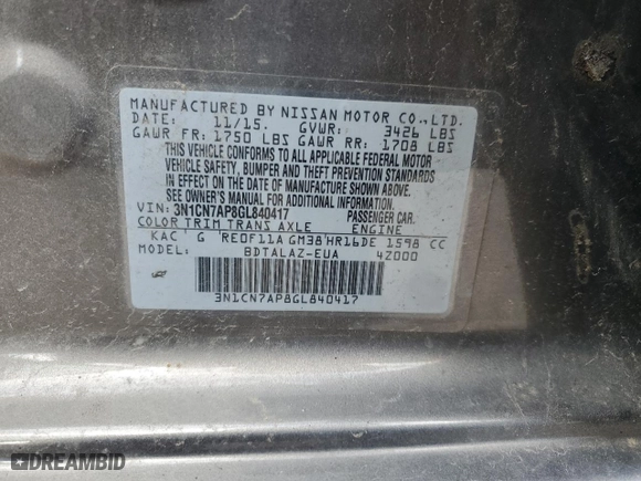 2016 Nissan Versa SV with VIN 3N1CN7AP8GL840417, listed as a Copart auction lot 52397475 with 121,456 mi miles and Clean Title. Bid and sale history available at carsss.com. Image 12.
