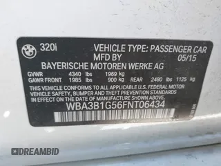2015 BMW 3 Series 320i with VIN WBA3B1G56FNT06434, listed as a IAAI auction lot 41772918 with 76,782 mi miles. Bid and sale history available at carsss.com. Image 9.
