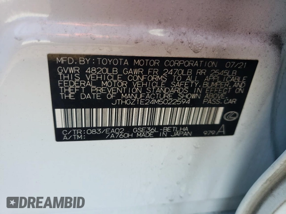 2021 Lexus IS 350 F Sport with VIN JTHGZ1E24M5022594, listed as a Copart auction lot 46638385 with 49,281 mi miles and Salvage Title. Bid and sale history available at DreamBid. Image 14.