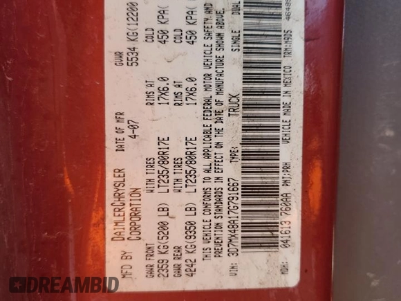 2007 Dodge 3500 SLT with VIN 3D7MX48A17G791667, listed as a Copart auction lot 59954314 with Not provided miles and Salvage title. Bid and sale history available at DreamBid. Image 12.