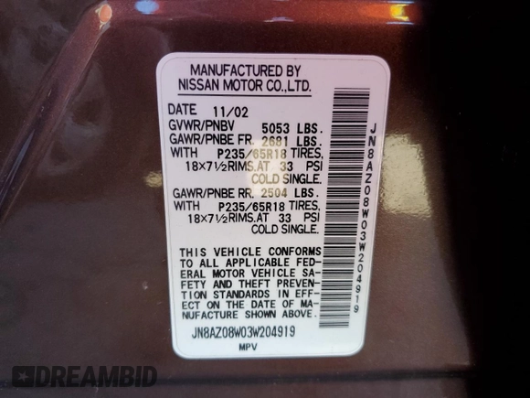 2003 Nissan Murano SE z VIN JN8AZ08W03W204919, wystawiony jako Copart lot #47119515 z przebiegiem 125 522 mil mil oraz Szkoda całkowita • Salvage title. Historia ofert i sprzedaży dostępna na DreamBid. Obrazek 12.