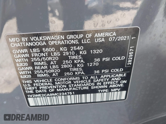 2021 Volkswagen Atlas SE with VIN 1V2WE2CA9MC234751, listed as a IAAI auction lot 41979424 with 30,132 mi miles and . Bid and sale history available at DreamBid. Image 9.
