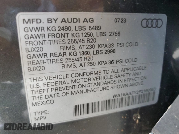 2023 Audi Q5 Sportback S line Prestige with VIN WA16AAFY2P2190953, listed as a Copart auction lot 67309704 with Not provided miles and Salvage title. Bid and sale history available at DreamBid. Image 14.