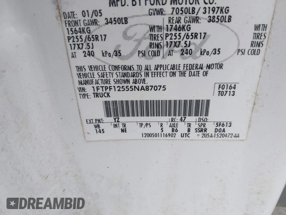 2005 Ford F-150 XL with VIN 1FTPF12555NA87075, listed as a IAAI auction lot 42313220 with 164,769 mi miles and . Bid and sale history available at DreamBid. Image 9.
