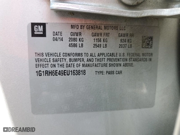 2014 Chevrolet Volt with VIN 1G1RH6E49EU163818, listed as a Copart auction lot 53919705 with 178,447 mi miles and Salvage Title. Bid and sale history available at carsss.com. Image 12.