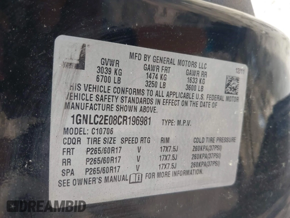 2012 Chevrolet Tahoe Commercial z VIN 1GNLC2E08CR196981, wystawiony jako IAAI lot #42834520 z przebiegiem 221 592 mil mil oraz . Historia ofert i sprzedaży dostępna na DreamBid. Obrazek 9.