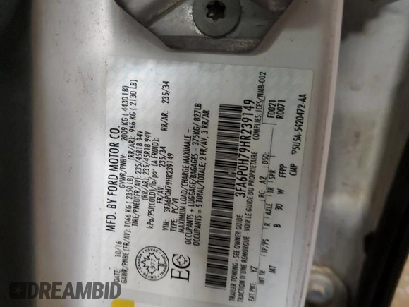 2017 Ford Fusion SE with VIN 3FA6P0H79HR239149, listed as a Copart auction lot 46844255 with Not Provided miles and Clean Title. Bid and sale history available at DreamBid. Image 12.