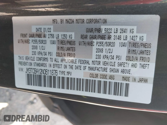 2022 Mazda CX-9 Touring Plus with VIN JM3TCBAY2N0611876, listed as a IAAI auction lot 42369073 with 37,639 mi miles and . Bid and sale history available at DreamBid. Image 9.