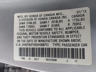 2013 Honda Civic Sdn LX with VIN 2HGFB2F53DH568751, listed as a IAAI auction lot 41886647 with 149,553 mi miles. Bid and sale history available at carsss.com. Image 9.