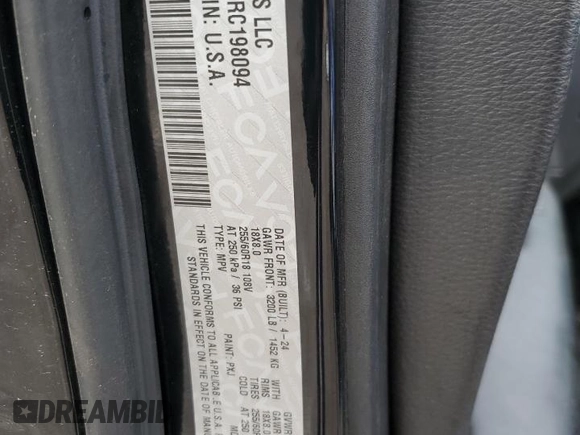 2024 Dodge Durango Special Service with VIN 1C4SDJFT2RC198094, listed as a Copart auction lot 54205095 with Not provided miles and Salvage title. Bid and sale history available at DreamBid. Image 13.
