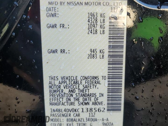 2019 Nissan Altima 2.5 SV with VIN 1N4BL4DV0KC138562, listed as a Copart auction lot 48052715 with 109,492 mi miles and Salvage Title. Bid and sale history available at carsss.com. Image 12.