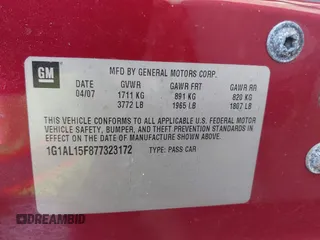 2007 Chevrolet Cobalt LT z VIN 1G1AL15F877323172, wystawiony jako IAAI lot #42063376 z przebiegiem Nie podano mil oraz . Historia ofert i sprzedaży dostępna na DreamBid. Obrazek 9.