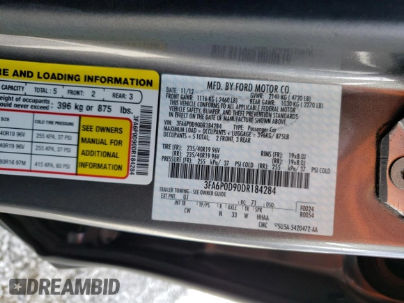 2013 Ford Fusion Titanium with VIN 3FA6P0D90DR184284, listed as a Copart auction lot 51529005 with 148,591 mi miles and Salvage Title. Bid and sale history available at carsss.com. Image 15.