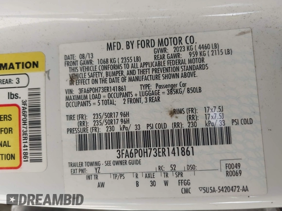 2014 Ford Fusion SE with VIN 3FA6P0H73ER141861, listed as a IAAI auction lot 41839060 with 174,996 mi miles. Bid and sale history available at carsss.com. Image 9.