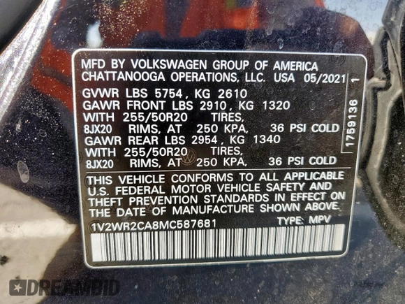 2021 Volkswagen Atlas SE with VIN 1V2WR2CA8MC587681, listed as a Copart auction lot 57714075 with 68,306 mi miles and Salvage title. Bid and sale history available at DreamBid. Image 13.