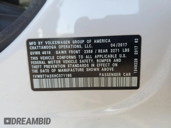 2017 Volkswagen Passat SE z VIN 1VWBT7A3XHC071165, wystawiony jako Copart lot #45755595 z przebiegiem 34 633 mil mil oraz Szkoda całkowita • Salvage title. Historia ofert i sprzedaży dostępna na DreamBid. Obrazek 14.