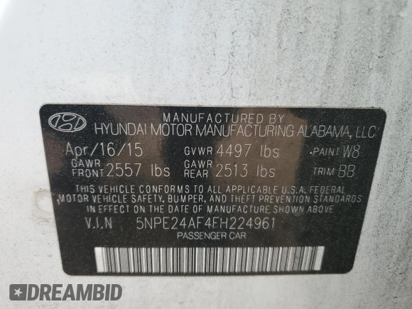 2015 Hyundai Sonata SE with VIN 5NPE24AF4FH224961, listed as a Copart auction lot 54130185 with 113,615 mi miles and Salvage Title. Bid and sale history available at DreamBid. Image 12.
