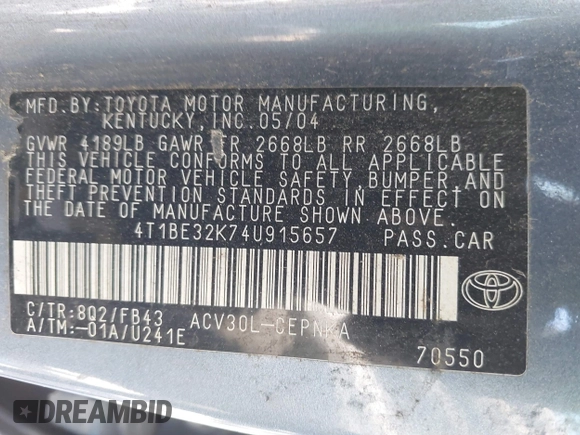 2004 Toyota Camry LE z VIN 4T1BE32K74U915657, wystawiony jako IAAI lot #41837915 z przebiegiem 260 096 mil mil oraz . Historia ofert i sprzedaży dostępna na DreamBid. Obrazek 9.