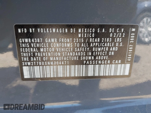 2022 Volkswagen Jetta GLI Autobahn with VIN 3VW2T7BUXNM004471, listed as a IAAI auction lot 41578910 with 49,126 mi miles and . Bid and sale history available at DreamBid. Image 9.
