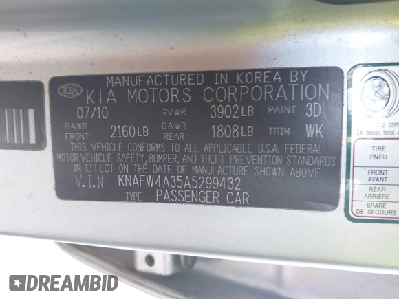 2010 Kia Forte SX with VIN KNAFW4A35A5299432, listed as a IAAI auction lot 41816492 with 54,871 mi miles. Bid and sale history available at carsss.com. Image 9.