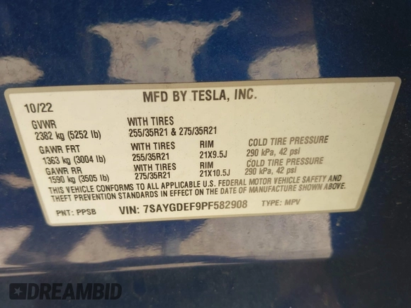 2023 Tesla Model Y Performance with VIN 7SAYGDEF9PF582908, listed as a IAAI auction lot 41930957 with 52,857 mi miles and . Bid and sale history available at DreamBid. Image 9.