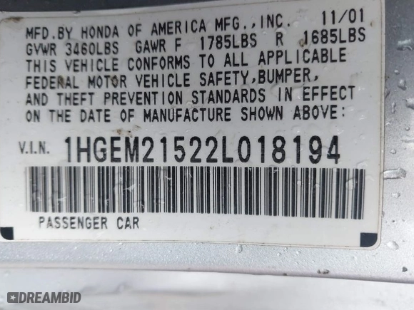 2002 Honda Civic LX with VIN 1HGEM21522L018194, listed as a IAAI auction lot 41923079 with 340,132 mi miles. Bid and sale history available at carsss.com. Image 9.