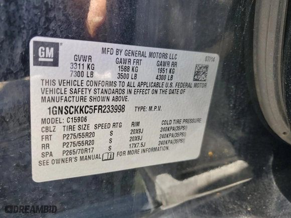 2015 Chevrolet Suburban LTZ with VIN 1GNSCKKC5FR233998, listed as a Copart auction lot 48507395 with 168,536 mi miles and Salvage Title. Bid and sale history available at carsss.com. Image 15.