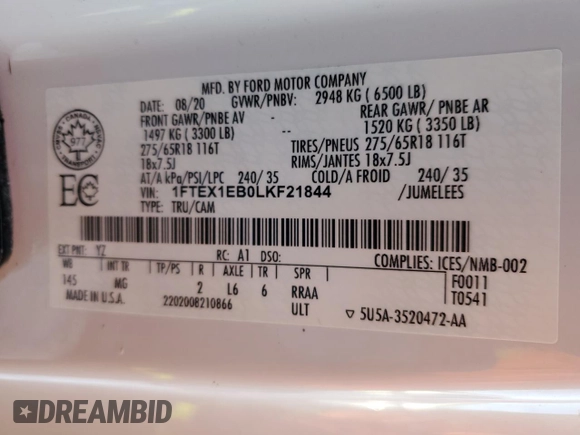 2020 Ford F-150 XL with VIN 1FTEX1EB0LKF21844, listed as a Copart auction lot 43440265 with 176,330 mi miles and Clean Title. Bid and sale history available at carsss.com. Image 13.