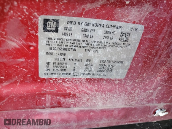 2017 Buick Encore Preferred with VIN KL4CJESB9HB027004, listed as a Copart auction lot 61226505 with Not provided miles and Salvage title. Bid and sale history available at DreamBid. Image 13.