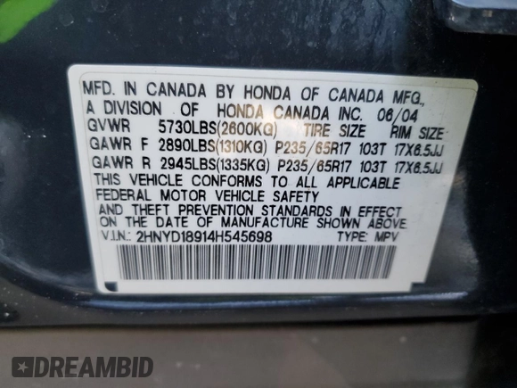 2004 Acura MDX Touring Pkg RES w/Nav with VIN 2HNYD18914H545698, listed as a Copart auction lot 45726895 with 0 mi miles and Salvage Title. Bid and sale history available at carsss.com. Image 16.