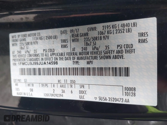 2018 Ford Escape Titanium с VIN 1FMCU9J99JUA14598, выставлен на аукционе IAAI как лот 41859368 с пробегом 59 438 миль миль и . История ставок и продаж доступна на DreamBid. Изображение 9.