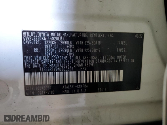 2022 Toyota RAV4 Hybrid XSE with VIN 4T3E6RFV8NU093509, listed as a Copart auction lot 55629435 with 62,477 mi miles and Salvage title. Bid and sale history available at DreamBid. Image 13.