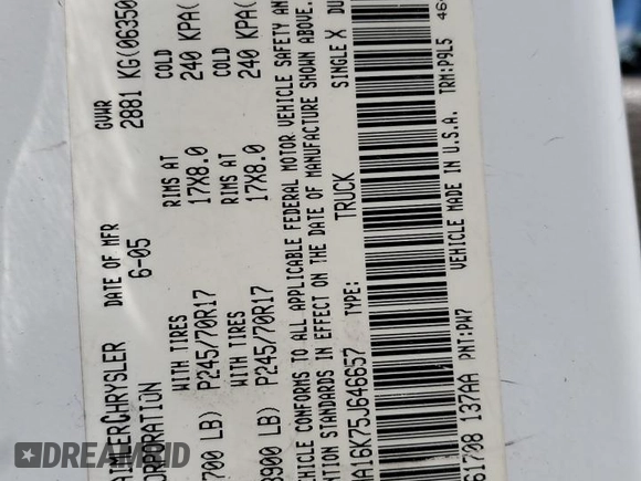 2005 Dodge 1500 ST with VIN 1D7HA16K75J646657, listed as a Copart auction lot 52172895 with Not Provided miles and Salvage Title. Bid and sale history available at carsss.com. Image 12.