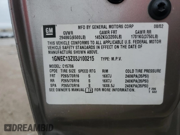 2003 Chevrolet Tahoe LT with VIN 1GNEC13Z03J100215, listed as a Copart auction lot 55036355 with 166,689 mi miles and Salvage title. Bid and sale history available at DreamBid. Image 13.