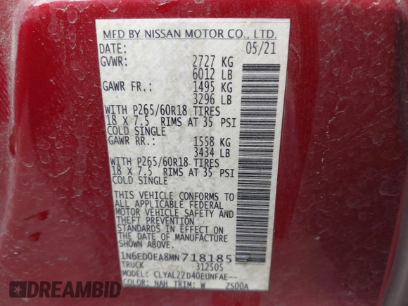 2021 Nissan Frontier SV z VIN 1N6ED0EA8MN718185, wystawiony jako IAAI lot #41878389 z przebiegiem 40 315 mil mil oraz . Historia ofert i sprzedaży dostępna na DreamBid. Obrazek 9.