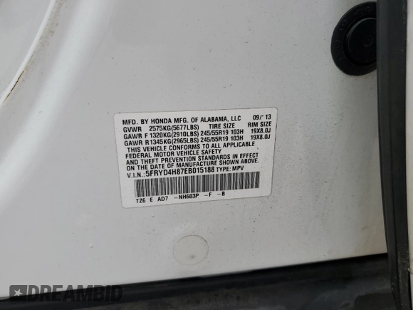 2014 Acura MDX Advance with VIN 5FRYD4H87EB015188, listed as a Copart auction lot 61088075 with 189,004 mi miles and Salvage title. Bid and sale history available at DreamBid. Image 13.