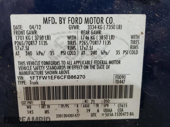 2012 Ford F-150 XL with VIN 1FTFW1EF6CFB86270, listed as a Copart auction lot 51649855 with 241,069 mi miles and Salvage title. Bid and sale history available at DreamBid. Image 12.