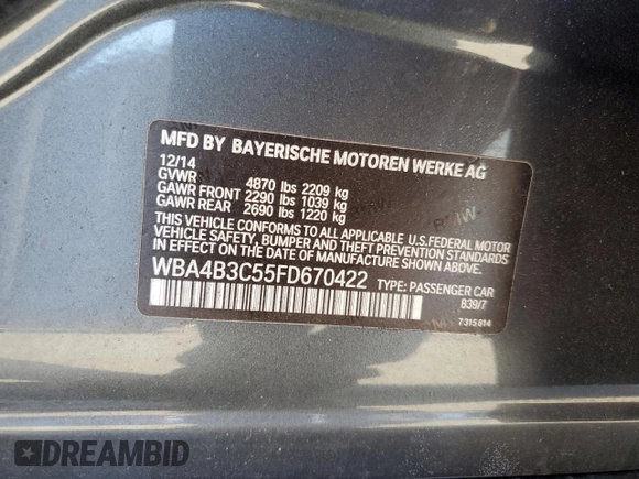 2015 BMW 4 Series 435i xDrive with VIN WBA4B3C55FD670422, listed as a Copart auction lot 45791165 with 95,786 mi miles and Non Repairable. Bid and sale history available at DreamBid. Image 12.