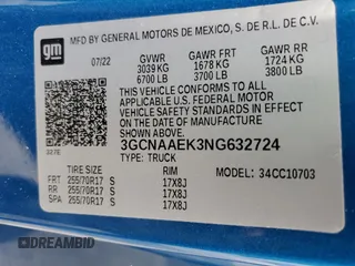 2022 Chevrolet Silverado 1500 Work Truck with VIN 3GCNAAEK3NG632724, listed as a Copart auction lot 45302405 with 38,129 mi miles and Salvage Title. Bid and sale history available at DreamBid. Image 14.