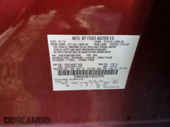2014 Ford Flex SE with VIN 2FMGK5B81EBD22995, listed as a Copart auction lot 48951365 with 178,479 mi miles and Salvage Title. Bid and sale history available at carsss.com. Image 14.