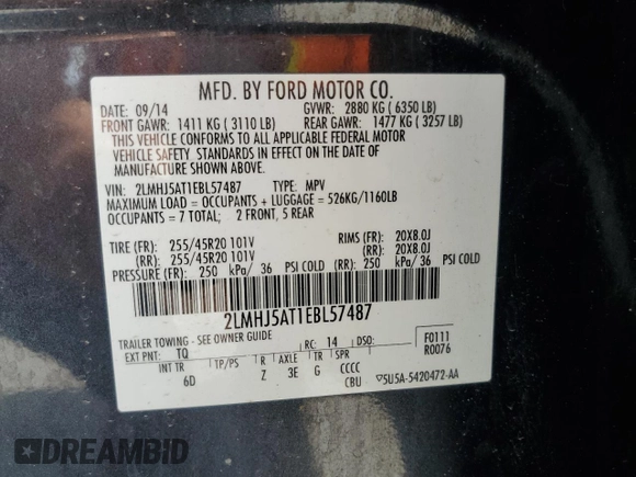 2014 Lincoln MKT EcoBoost with VIN 2LMHJ5AT1EBL57487, listed as a Copart auction lot 50182645 with 138,743 mi miles and Salvage Title. Bid and sale history available at DreamBid. Image 15.