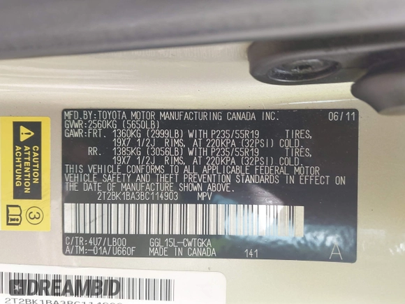 2011 Lexus RX 350 with VIN 2T2BK1BA3BC114903, listed as a IAAI auction lot 42524993 with 152,109 mi miles and . Bid and sale history available at DreamBid. Image 9.