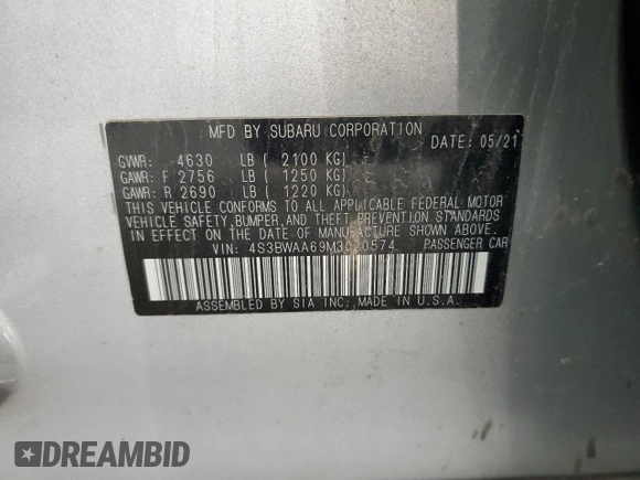 2021 Subaru Legacy with VIN 4S3BWAA69M3020574, listed as a Copart auction lot 60711215 with 40,917 mi miles and Salvage title. Bid and sale history available at DreamBid. Image 12.