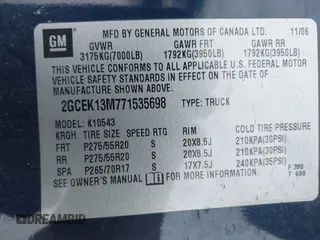 2007 Chevrolet Silverado 1500 LTZ with VIN 2GCEK13M771535698, listed as a IAAI auction lot 41295982 with 216,232 mi miles. Bid and sale history available at carsss.com. Image 9.